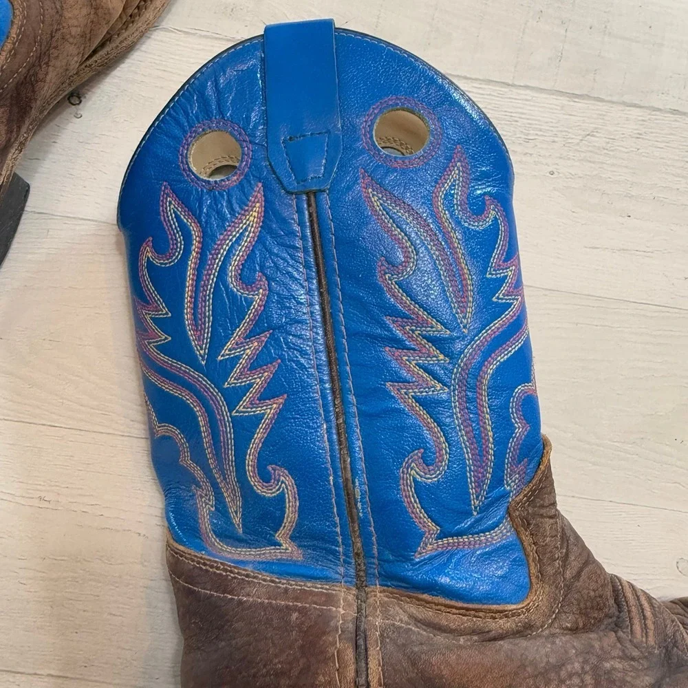 Old West Blue Brown Leather Square Toe Western Cowboy Boots kids size‎ 1.5